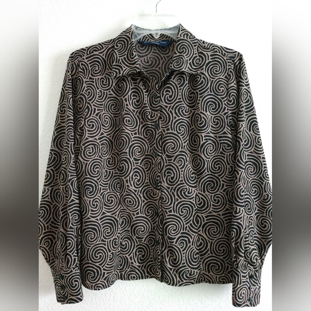 Preston & York Petites Blouse Black Beige Geometric Print Size 10P 10 Petite